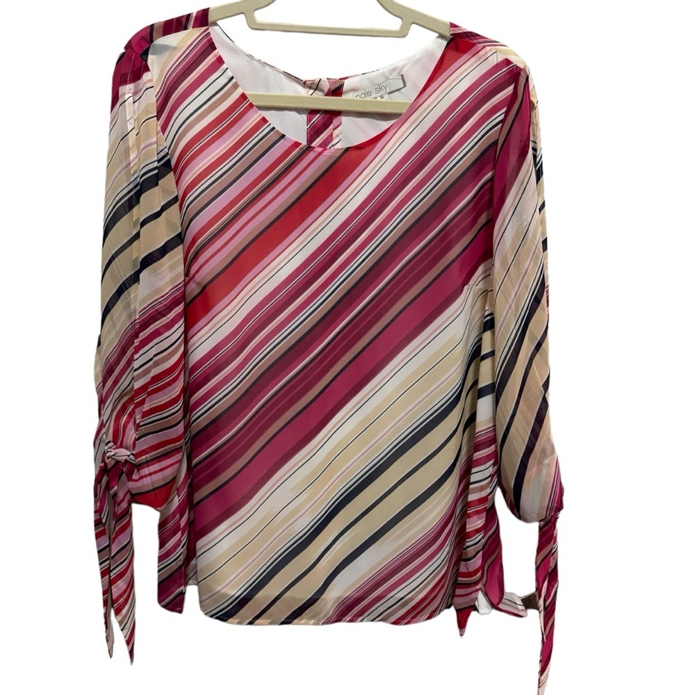 Pale Sky - Striped, Blouse, button down Back, open sleeves, with tie, Size XL